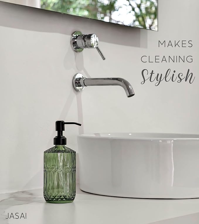 JASAI 18Oz Green Soap Dispenser with Black Rust Proof Pump, Refillable Kitchen soap Dispenser with Thick Glass, Soap Dispenser Bathroom for Hand soap, Dish Soap, Lotion, Body Wash.