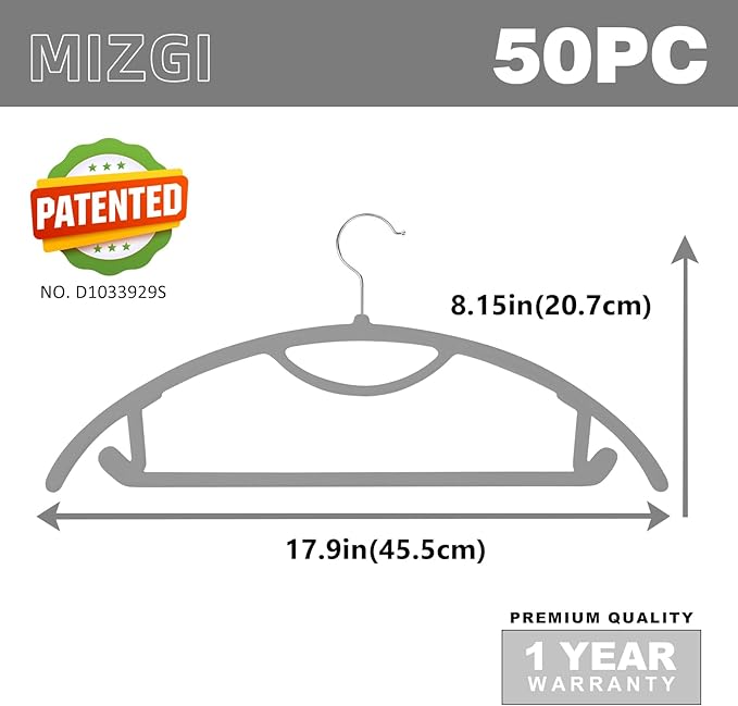 MIZGI Premium Velvet Hangers 50-Pack,No Shoulder Bump Hangers W/Tie Bar Ultra Thin Space Saving Non Slip Hanger Heavy Duty Felt Rounded Clothes Hanger for Sweaters,Coat,Jackets,Pants,Shirts