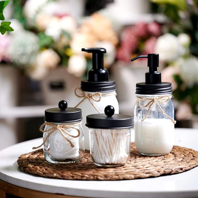 Amolliar Mason Jar Bathroom Accessories Set 4 Pcs -Lotion Soap Dispenser & 2 Cotton Swab Holders & Toothbrush Holder - Rustic Farmhouse Decor, Bathroom Home Decor, Perfect Decorating Idea (Black)