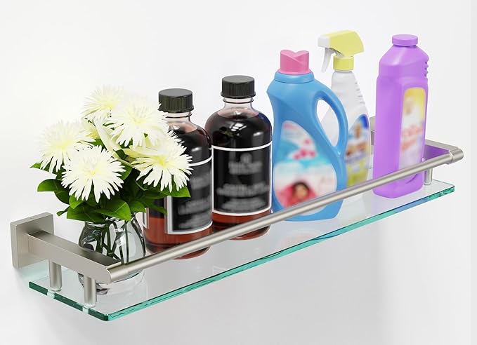 SFGSOWOR Glass Shelf for Bathroom Wall Sheves 24 inch Rectangular Stainless Steel Tempered Glass Modern Stainless Steel Wall Mount Accessories Organizers Storage (Brushed Nickel, 24‘’)