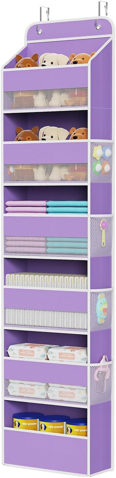Univivi Over The Door Hanging Organizer with 6 Large Compartments and Mesh Windows, Over The Door Baby Clothes Organizer for Cosmetics, Baby Essentials and Diapers (Purple)
