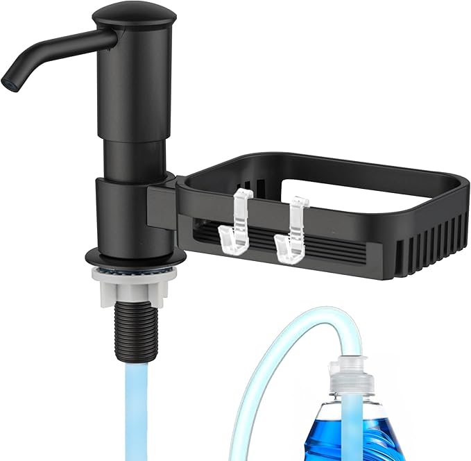Soap Dispenser for Kitchen Sink, Built in Soap Dispenser Pump with Sponge Holder, Under Counter Black ABS Pump Head with 38" Extension Tube Kit, Good Suction Power (Black)