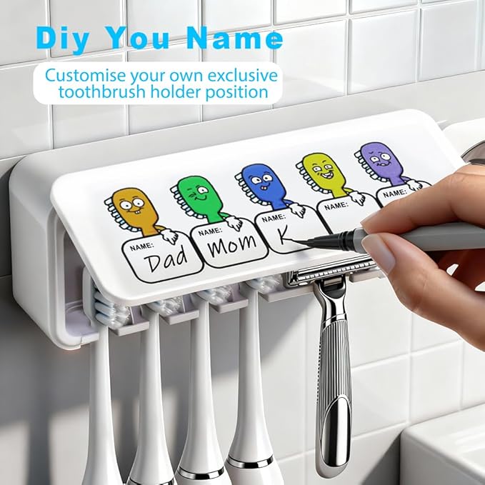 Bathroom Toothbrush Holder, Labelable with User Name, Multi-Slot Toothbrush Cleaner, Rechargeable Toothbrush Holder, Wall Mounted, for Bathroom, No Drilling Required, 5 Slots