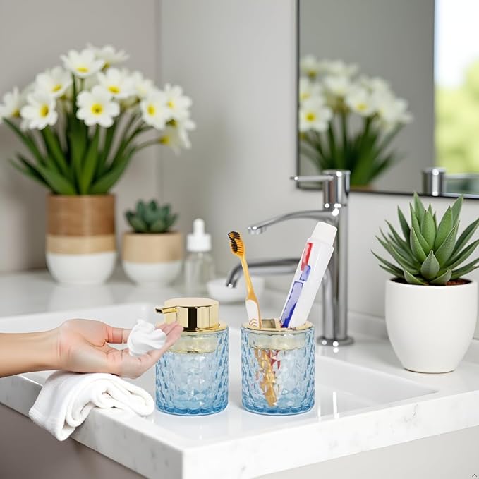 Bathroom Accessories 2 Piece Set Glass Soap Dispenser and Toothbrush Holder, 10oz Foaming Soap Dispenser, Blue Toothbrush and Toothpaste Holder Organizer Cup for Modern Bathroom Decor