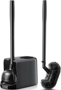 HAMITOR Toilet Plunger Bowl Brush Combo：Heavy Duty Rubber for Drain Clog Remover - Curved Design Bristles for Deep Cleaning Under Rim - Compact Bathroom Cleaning Tools for New Homet Essentials - Black