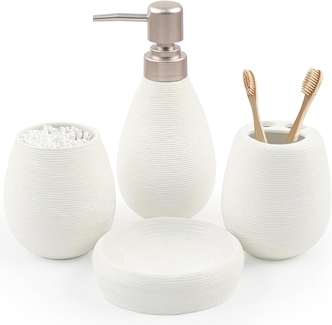 CERBIOR Bathroom Accessories Set,4 Pcs Ceramic Bathroom Decor Accessory,Includes Toothbrush Holder, Toothbrush Cup, Soap Dish for Decorative Countertop and Housewarming Gift(White 4pcs)