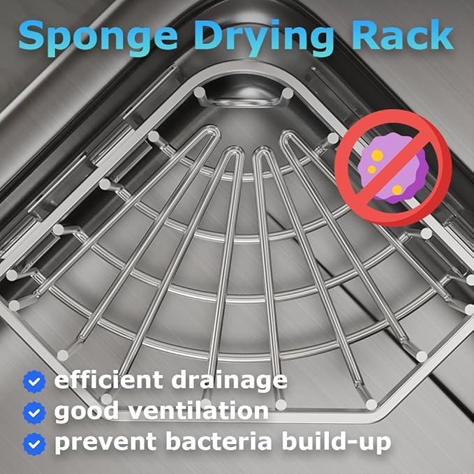 Sponge Holder Corner Sink Caddy Sink Organizer for Kitchen Bathroom Stainless Steel Triangle Soap Holder with 2 Pcs Adhesive Hook(L)