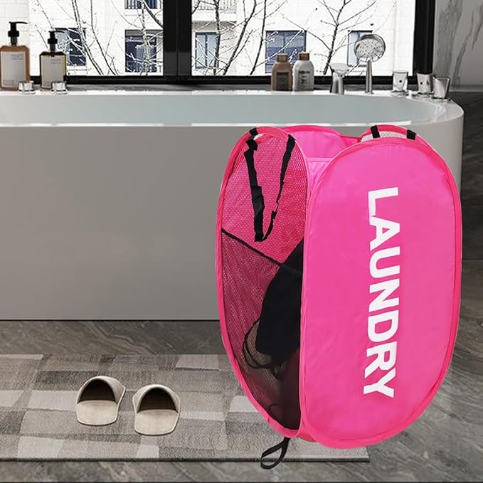 Larpur Pop Up Laundry Baskets, 2 Pack Mesh Laundry Hampers Collapsible Clothes Hampers for Home, Dorm, Travel (Pink + Blue)