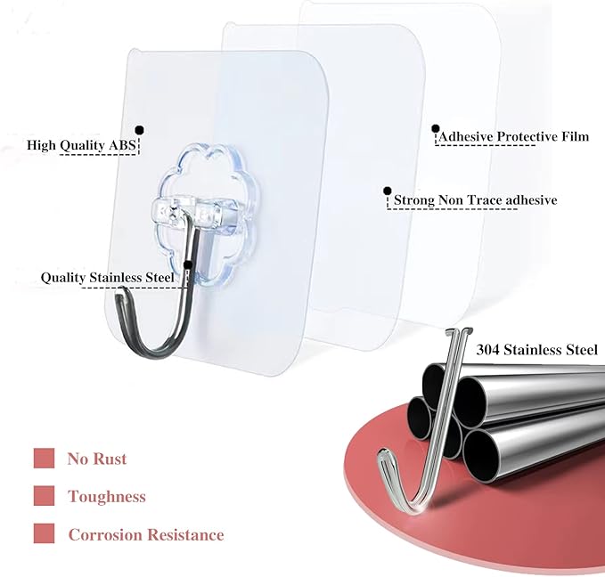 DDMY Heavy Duty Hook 24 Pack Self Adhesive Hooks for Hanging Wall Hooks Transparent Reusable Waterproof Adhesive Sticky Hook for Kitchen Curtain, Towel Bathroom,Coat Shower Door Utility No Damage