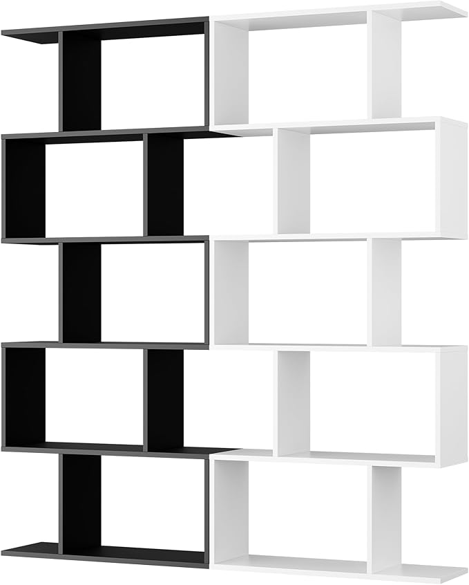 Cozy Castle Set of 2 Geometric Bookcase, S-Shaped Modern Bookshelf, Room Divider Bookshelf, 62" Tall Unique Abstract Bookcase with 5-Tier Display Shelf for Living Room Office, White & Black