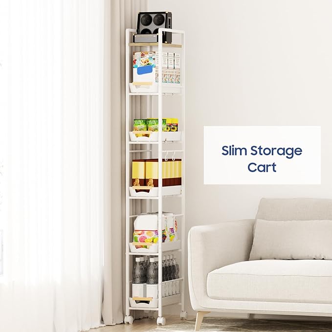 6 Tier Slim Storage Cart with Pull-Out Baskets Rolling Cart with Wheels Wood Top Narrow Utility Cart Metal Shelving Units for Pantry Laundry Room Bathroom Kitchen White 8in(W)