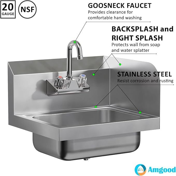 AmGood Stainless Steel Wall Mount Hand Sink with Faucet and Right Sidesplash 17" x 15" | NSF Commercial Hand Washing Basin For Restaurant, Kitchen and Home | Bowl Size: 10" x 14"
