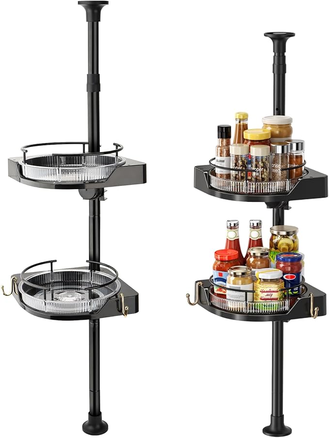2-Tier Corner Spice Rack Organizer – 360° Rotatable, 19.68-43.5" Height Adjustable, 11LBS Load-Bearing with Hooks – Space-Saving for Kitchen Counter/Cabinet Gaps, Tame Seasoning Clutter (Black)