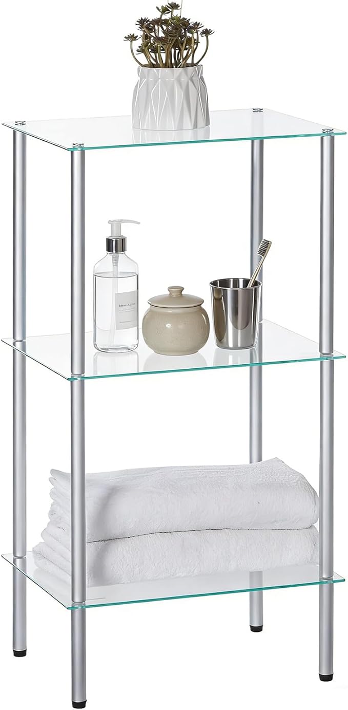 HOOBRO Glass Shelf, 3 Tier Bathroom Standing Shelf Unit, Tempered Glass Shelving Stand for Small Space, Perfume Stand Organizer, Space-Saving, for Bathroom, Bedroom, Steel Frame, Silver SV03CJ01