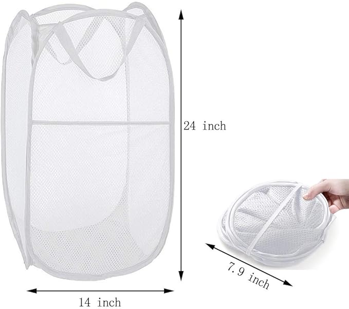 Pop up Laundry Hamper, Portable Foldable Mesh Clothes Hamper for Kids Room, College Dorm or Travel, Collapsible Laundry Basket for Storage, White