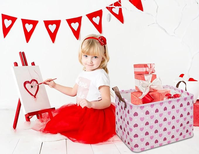 Rectangular Pink Heart Gift Basket Empty,Fabric Storage Basket with Handles,Kids Toys/Books Box,Lovely Storage Bin,Room Decor(Pink Love)