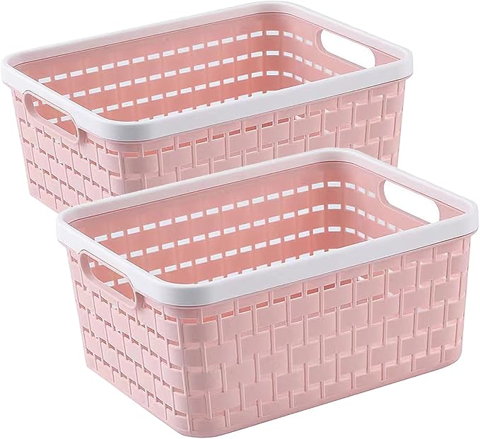 Plastic Storage Bin Baskets, Toilet Paper Basket for Bathroom, Plastic Organizer Shower Caddy with Handles for Living Room (Small Pink 2 pack)
