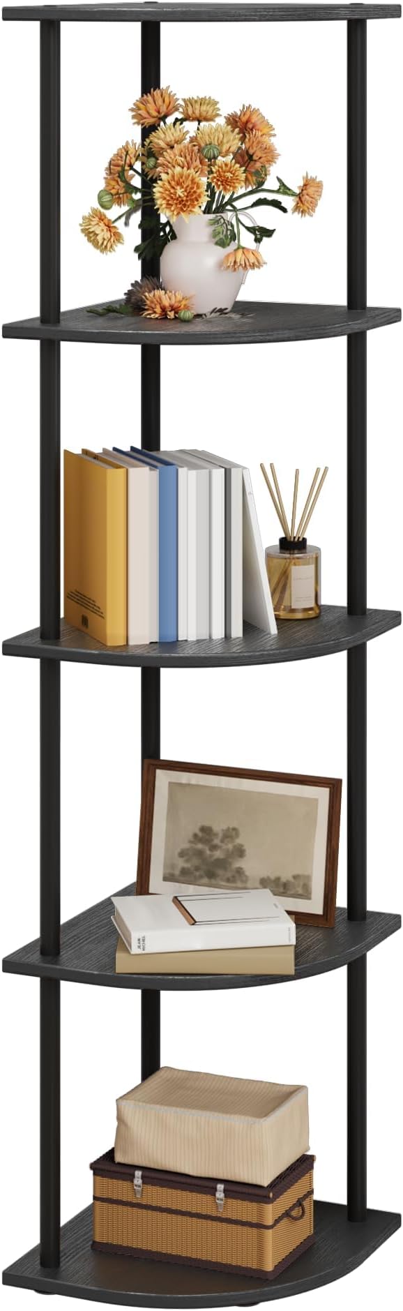 Corner Shelf - 5-Tier Corner Bookshelf with Wall Anchors & Non-Slip Feet, Corner Shelves with Rustproof Metal Frame for Bedroom, Living Room, Home Office, 11.6"×11.6"×54.7", Black