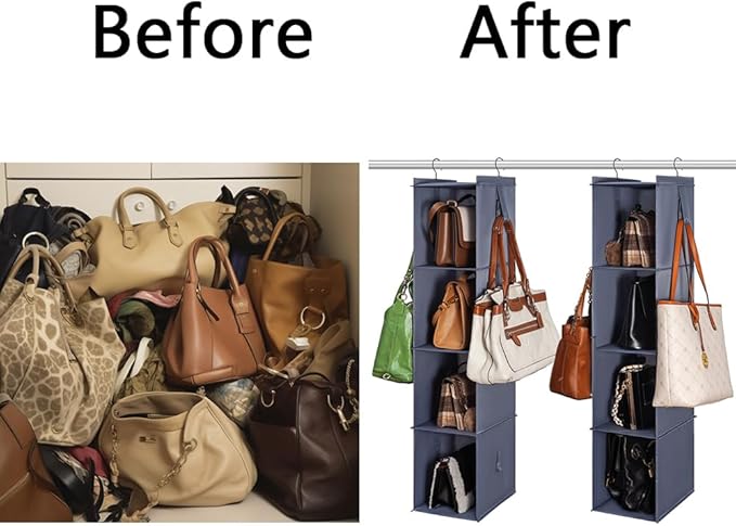 Bag Rack for Closet - Hanging Purse Organizer Handbag Storage Bags Holder 2Pack 8 Shelves Keep Organized Grey