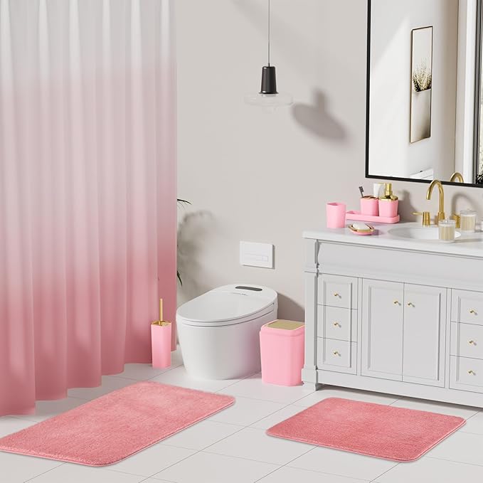 Bathroom Set - Pink Bathroom Sets with Shower Curtain and Rugs, 24PCS Shower Curtain Set with Hooks, Soap Dispenser, Soap Dish, Toilet Brush Holder and Trash Can for Housewarming