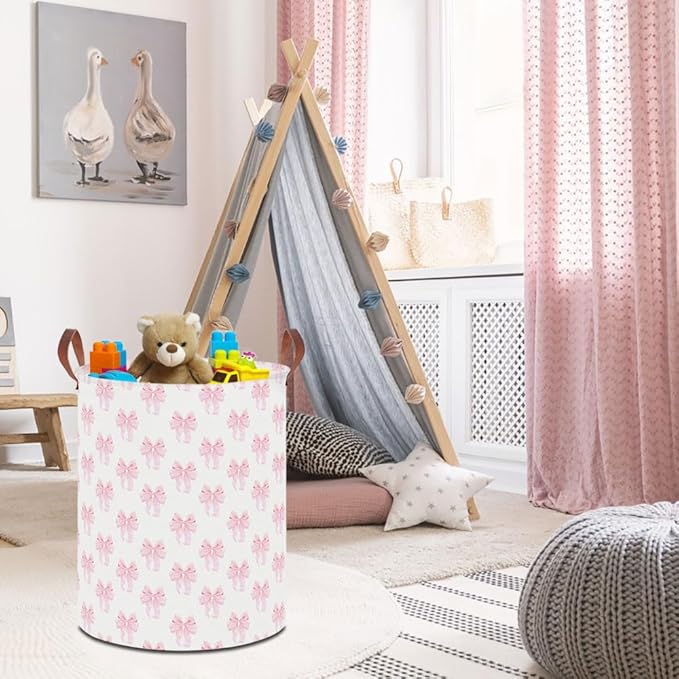 19.7" Laundry Basket,Dirty Clothes Hamper,Waterproof Storage Bin,Room Decor,Gift Baskets,Nursery Hamper(Shimmer Bowknot)