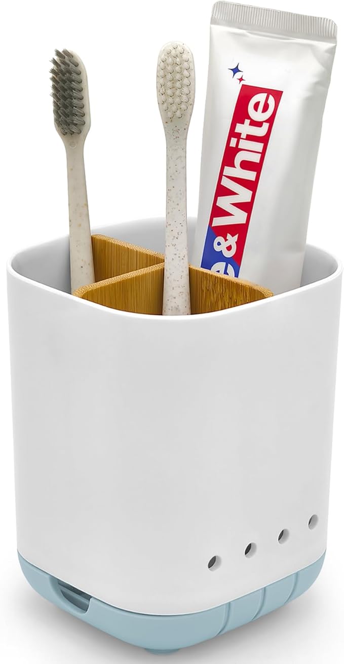Toothbrush Holder with Bamboo Divider,Detachable for Easy Cleaning Bathroom Countertop Organizer,Plastic 3 Slots Electric Toothbrush and Toothpaste Holders Storage Caddy for Bathroom Vanity,Sink-Blue