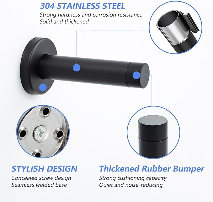 HOME MASTER HARDWARE 2 Pack Black 304 Stainless Steel Door Stoppers – 3.5 Inch Wall Protector Bumper with Sound Dampening