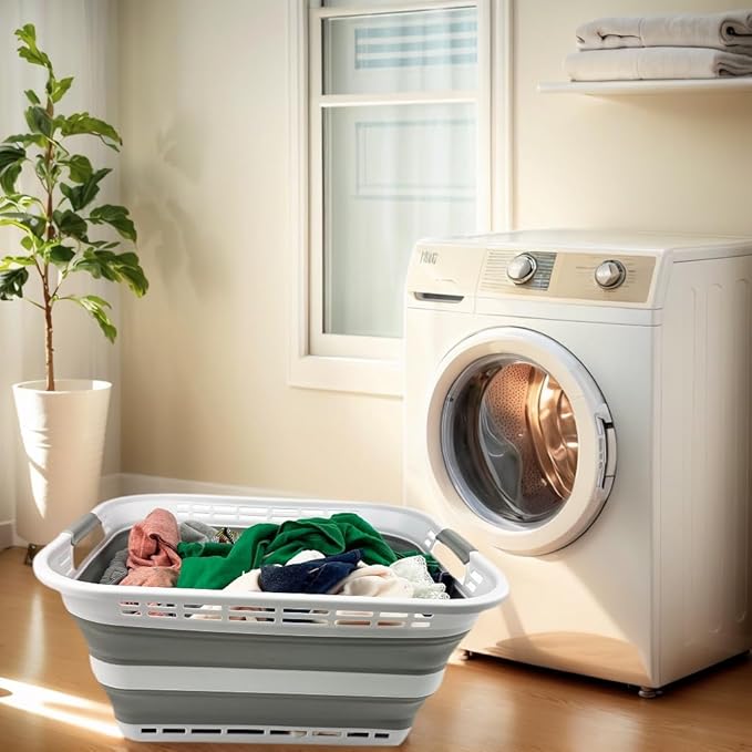 SAMMART 42L (11 Gallons) Collapsible Plastic Laundry Basket - Foldable Pop Up Storage Container/Organizer - Portable Washing Tub - Space Saving Hamper/Basket [BPA Free] (White/Grey)