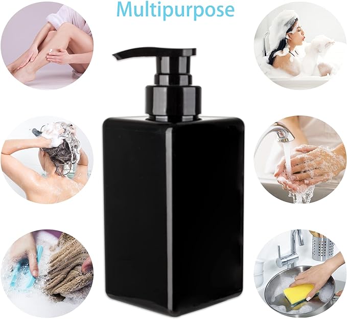 15 oz Hand Soap Dispenser, Plastic Pump Bottles, Refillable Empty Lotion Dispenser Liquid Container for Bathroom Kitchen College Dorm, 2 Pack Black