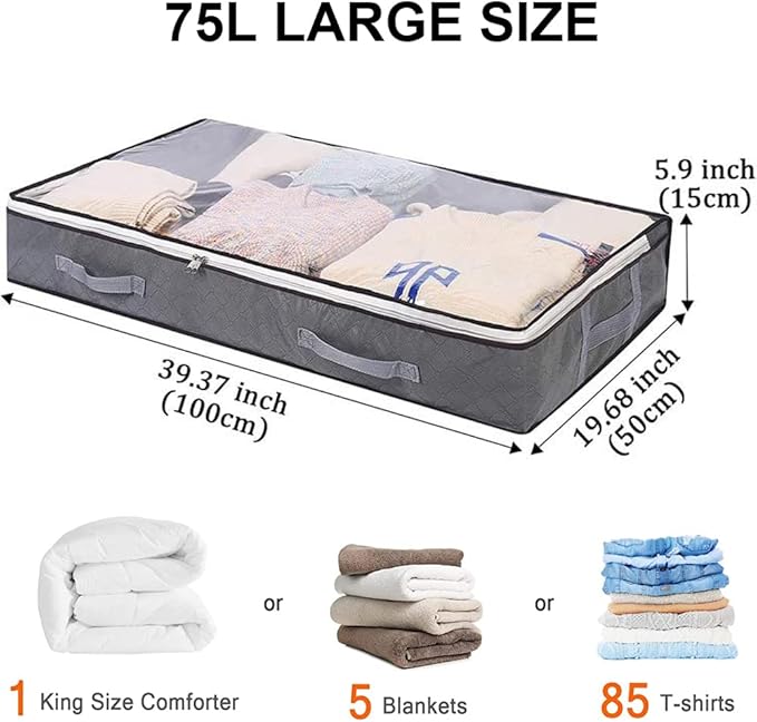 Under Bed Storage Containers, 4-Pack Large Capacity Underbed Storage Bags Organizer, Thick Fabric Storage Bins with Clear Window and Handles for Blanket, Comforter, Bedding, Clothes, Gray