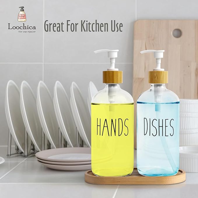 Clear Glass Soap Dispenser Set with Tray, Transparent Dish and Hand Soap Dispenser Set, Refillable Reusable Apothecary Soap Pump Dispenser Bottles for Bathroom and Kitchen
