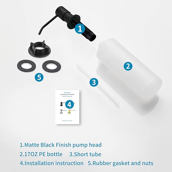 Built in Soap Dispenser for Kitchen Sink, Matte Black Stainless Steel Countertop Pump Head, Dish Soap Hand Lotion Dispenser with Refillable 17OZ Bottle
