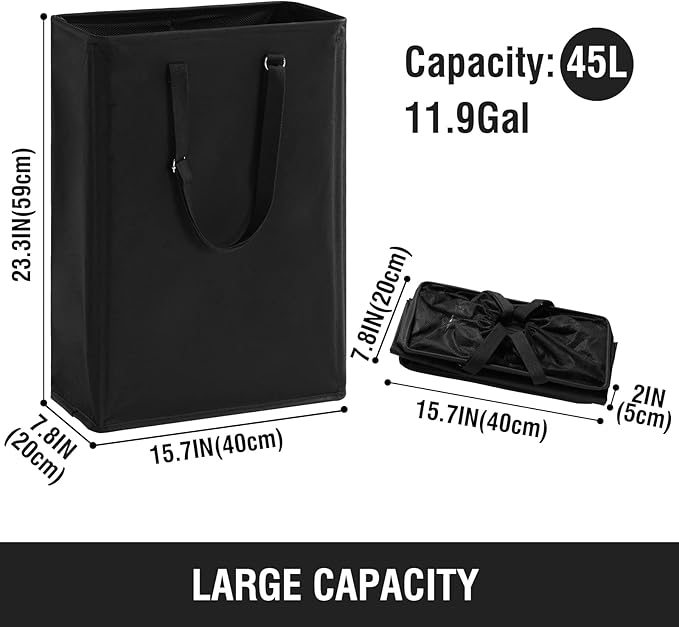 TECHMILLY Slim Laundry Hamper with Adjustable Long Handles, 45L Small Laundry Baskets with Mesh Top, Narrow Dirty Clothes Hamper for Bedroom, Closet, and Bathroom - Black
