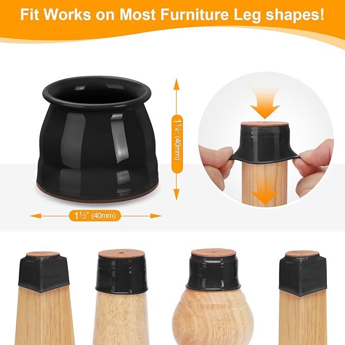 CHUNZEXI 16 Pack Chair Leg Floor Protectors for Hardwood Floors, Silicone Felt Covers Pads Caps, Protect Wood Furniture Feet Floors Noise Reduce and Scratch (Universal Large & Black)