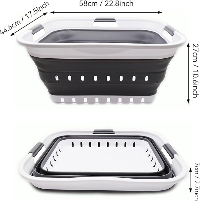 SAMMART 42L (11 gallon) Collapsible Plastic Laundry Basket - Foldable Pop Up Storage Container/Organizer - Space Saving Hamper/Basket (1, White/Dark Grey)