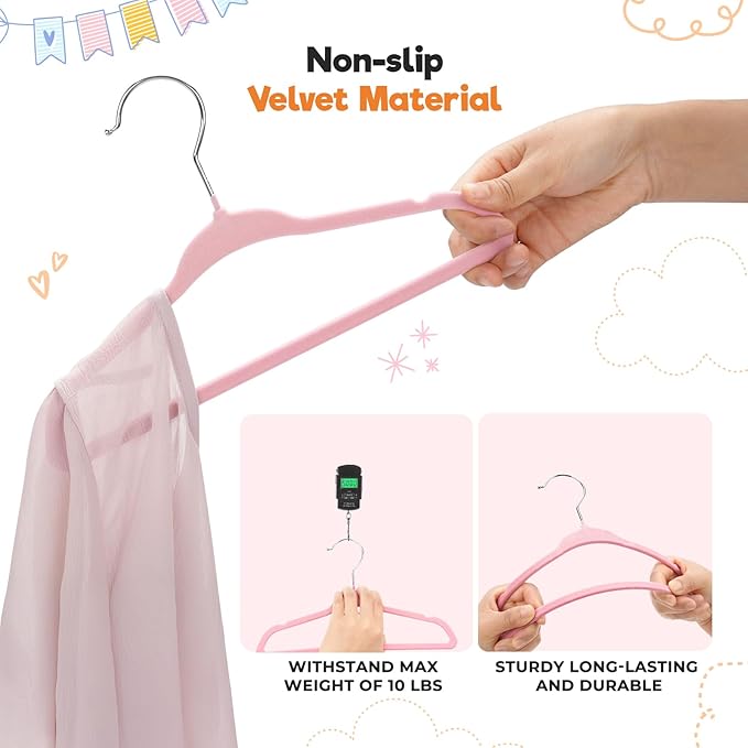 Velvet Baby Hangers with Clips (30 Pack) | 11” Ultra-Slim Baby Clothes Hangers | Non-Slip Felt | Space-Saving Nursery & Infant Closet Organizer | Pink