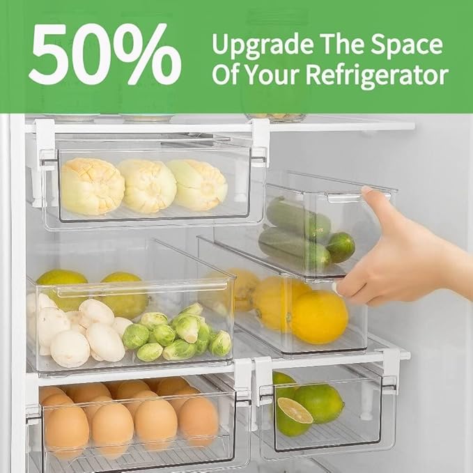 vacane Refrigerator Organizer Bins, Clear Plastic Fridge Drawer With Handle Pull Out Fridge Drawer Organizer Under Shelf Drawer For Cheese, Deli Meat, Drinks, Fruit, Vegetable, Heavy Duty-M