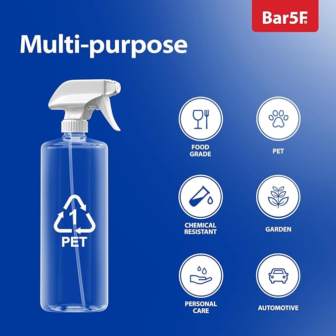 Bar5F Bulk 6-Pack Plastic Spray Bottles with Mixor Trigger, 32 oz | Professional, Leak Proof, Empty, Adjustable Fine to Powerful Sprayer, Refillable | Water Plants, Cleaning Solutions | Crystal Clear