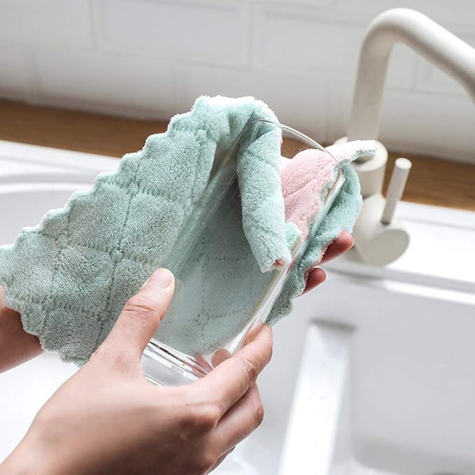 kimteny 12 Pack Kitchen Cloth Dish Towels, Premium Dishcloths, Super Absorbent Coral Velvet Dishtowels, Nonstick Oil Washable Fast Drying (Pink-Green)