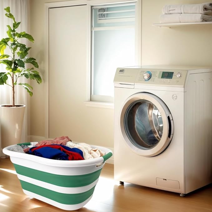 SAMMART 40L (10.5 gallon) Set of 2 Collapsible Plastic Laundry Hamper - Foldable Pop Up Storage Container/Organizer - Portable Washing Tub - Space Saving Basket (2, White/Winter Green)