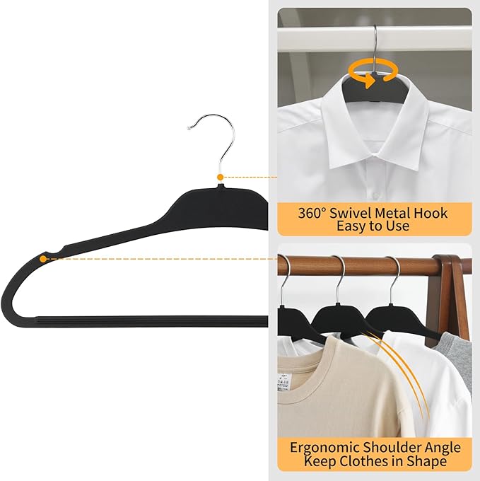 Non-Slip Rubber Coated Hangers, 30 Pack Plastic Clothes Hangers with 360° Swivel Hook 17.7 Inches Slim Space Saving Hangers for Adult Clothes Shirts Dresses Pants, Black