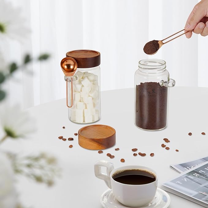Patoper Glass Coffee Jars Spice Jar Round Storage Canister with Wooden Lid Clear Glass Food Jar for Pantry Sugar Tea Coffee Bean Spice Nuts Cookies Bath Salts (2×550ml(18oz) with spoon)