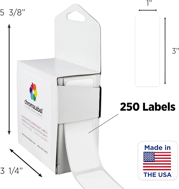 ChromaLabel 1 x 3 Inch All Purpose Permanent Color Code Rectangle Labels, 250 Labels per Dispenser Box, White