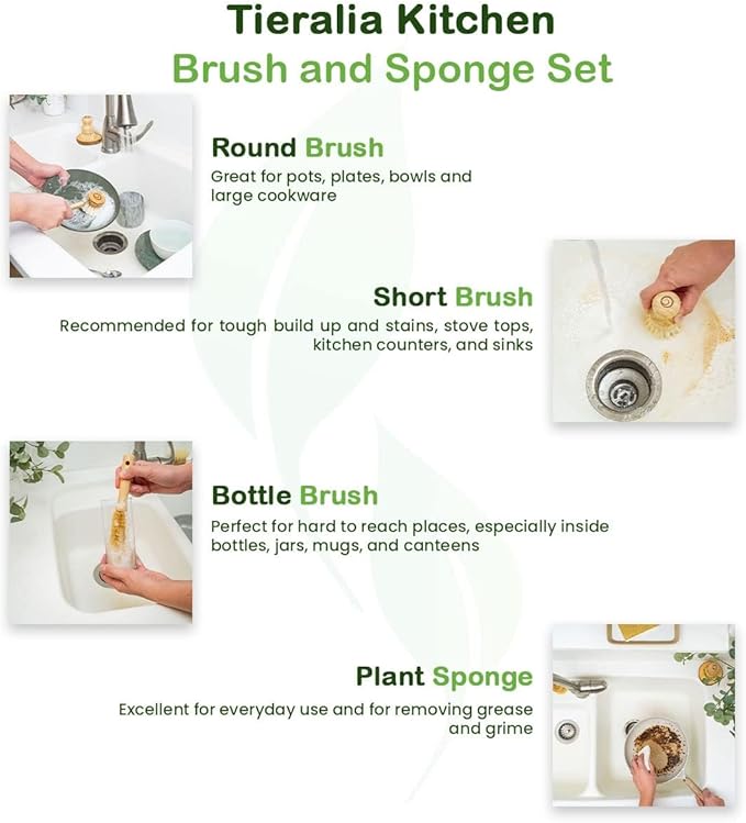 Tieralia Bamboo Dish Brush Gift Set – 5-Piece Kitchen Cleaning Set with Bottle Brush, Round Scrub Brush, Palm Brush & 2 Plant-Based Sponges | Wooden Handle Cleaning Tools for Dishes & Surfaces