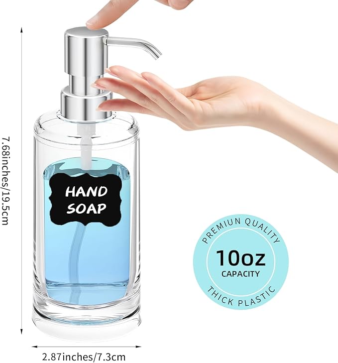 Clear Plastic Dish Soap Dispenser for Kitchen Sink, 10oz Refillable Hand Soap Dispenser for Bathroom Countertop, Modern Soap Bottle with Rust Proof ABS Pump
