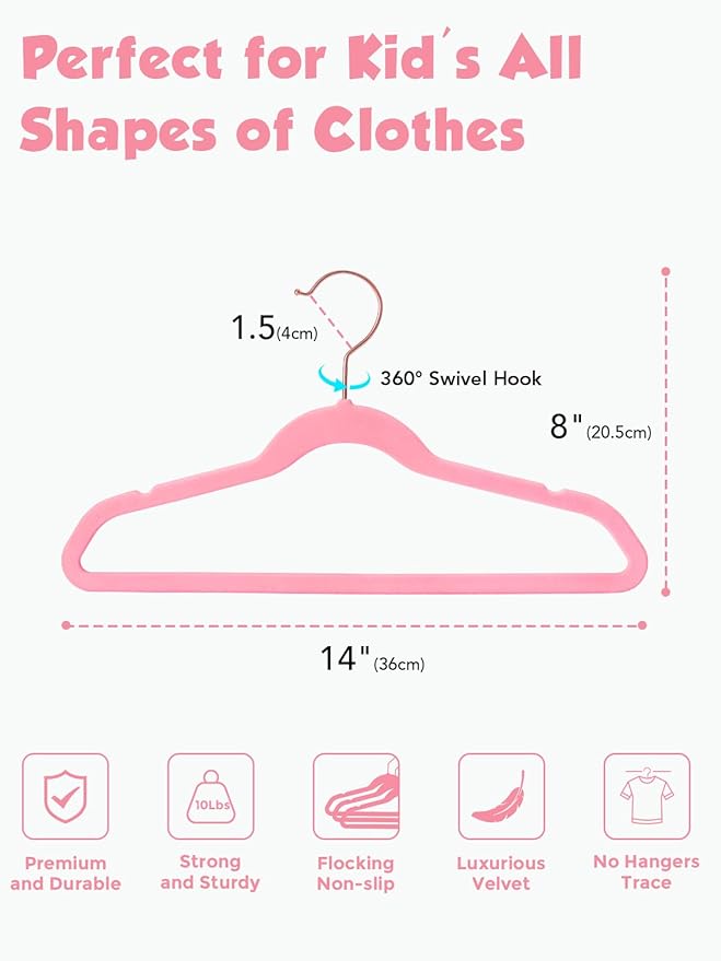 Smartor Kids Velvet Hangers 50 Pack, 14 Inch Premium Non Slip Kids Felt Hangers for Closet, Space Saving Toddler Clothes Hanger for Youth's Childrens' Clothes (Rose Gold Hook)- Pink