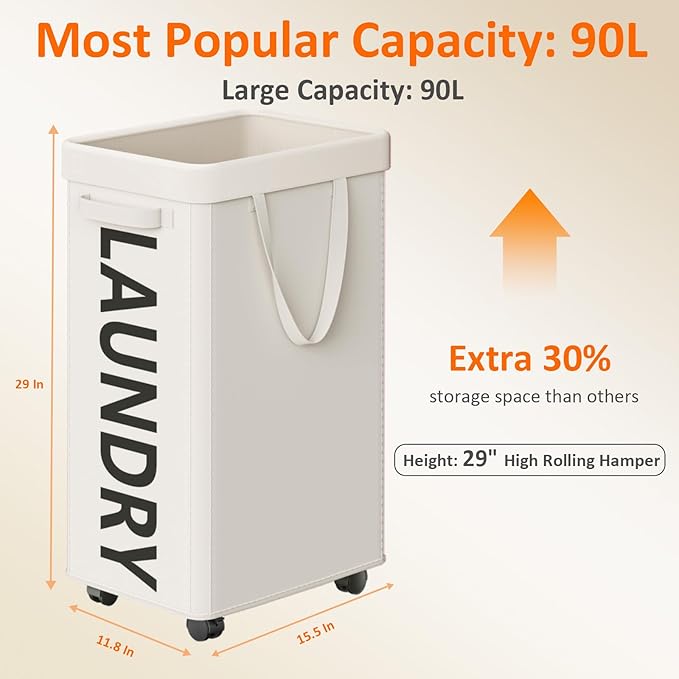 Laundry Basket with Wheels, 90L Rolling Laundry Hamper with Wheels, Large Clothes Hamper on Wheel with Removable Mesh Bag for Bedroom, Bathroom, Dorm, White