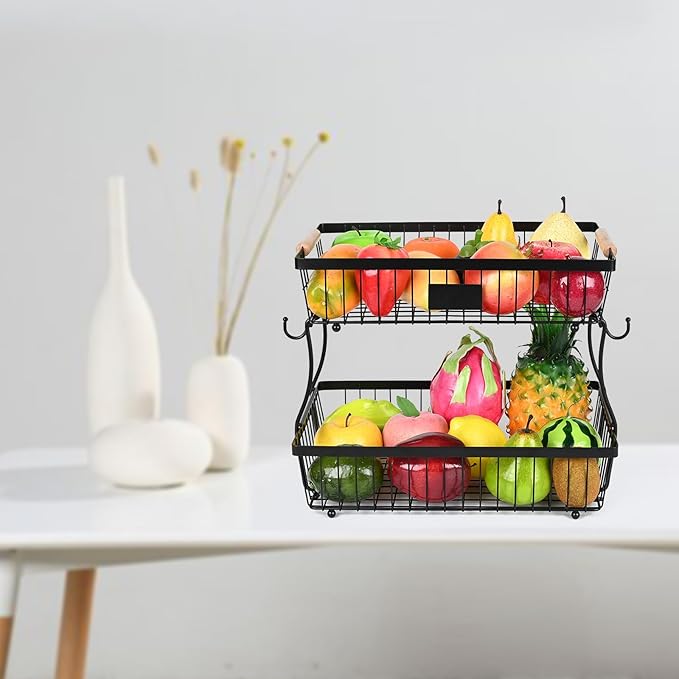 Fruit Basket Bowl 2 Tier Detachable with 2 Banana Hangers, Fruit Stand Holder for Kitchen Countertop, Metal Wire Vegetable Storage Organizer, for Bread Snack Veggies Produce, Black
