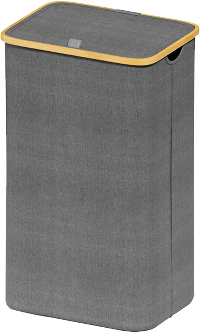 SUOCO Laundry Hamper with Lid, 29 Gal (110L) Clothes Basket with Bamboo Handles, Large Foldable Laundry Hamper for Bedroom, Bathroom, Dorm, Laundry Room - Grey