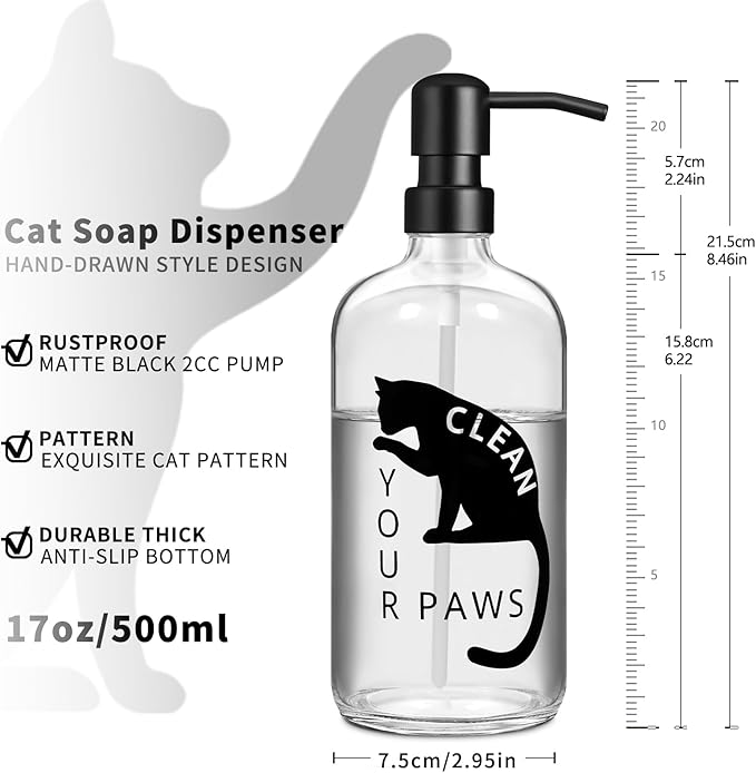 Black Cat Soap Dispenser 17 oz Clear Glass Hand Soap Bottle with 304 Stainless Steel Pump for Bathroom or Kitchen Countertop Cat Lover Gift Idea